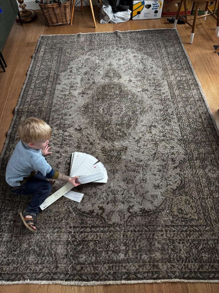 Vintage vloerkleed met groene, grijs blauwe tinten, Ophalen, Gebruikt, Vintage, Bohemien, 150 tot 200 cm