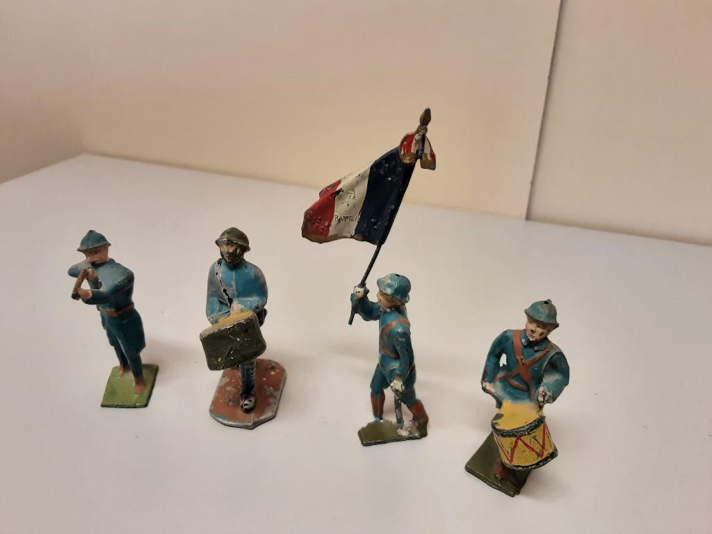 Antiek speelgoed: 4 soldaten Frans leger , WW1, Antiek en Kunst, Ophalen of Verzenden