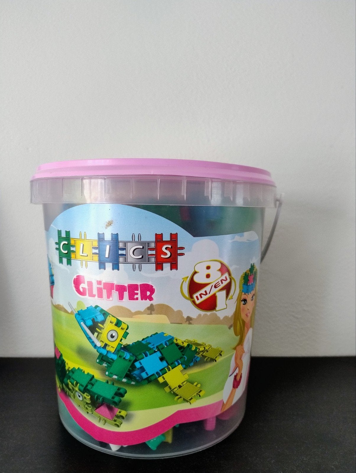 Clics Glitter Bouwblokken Emmer - 8-in-1 Set, Kinderen en Baby's, Ophalen of Verzenden, Zo goed als nieuw, Overige merken