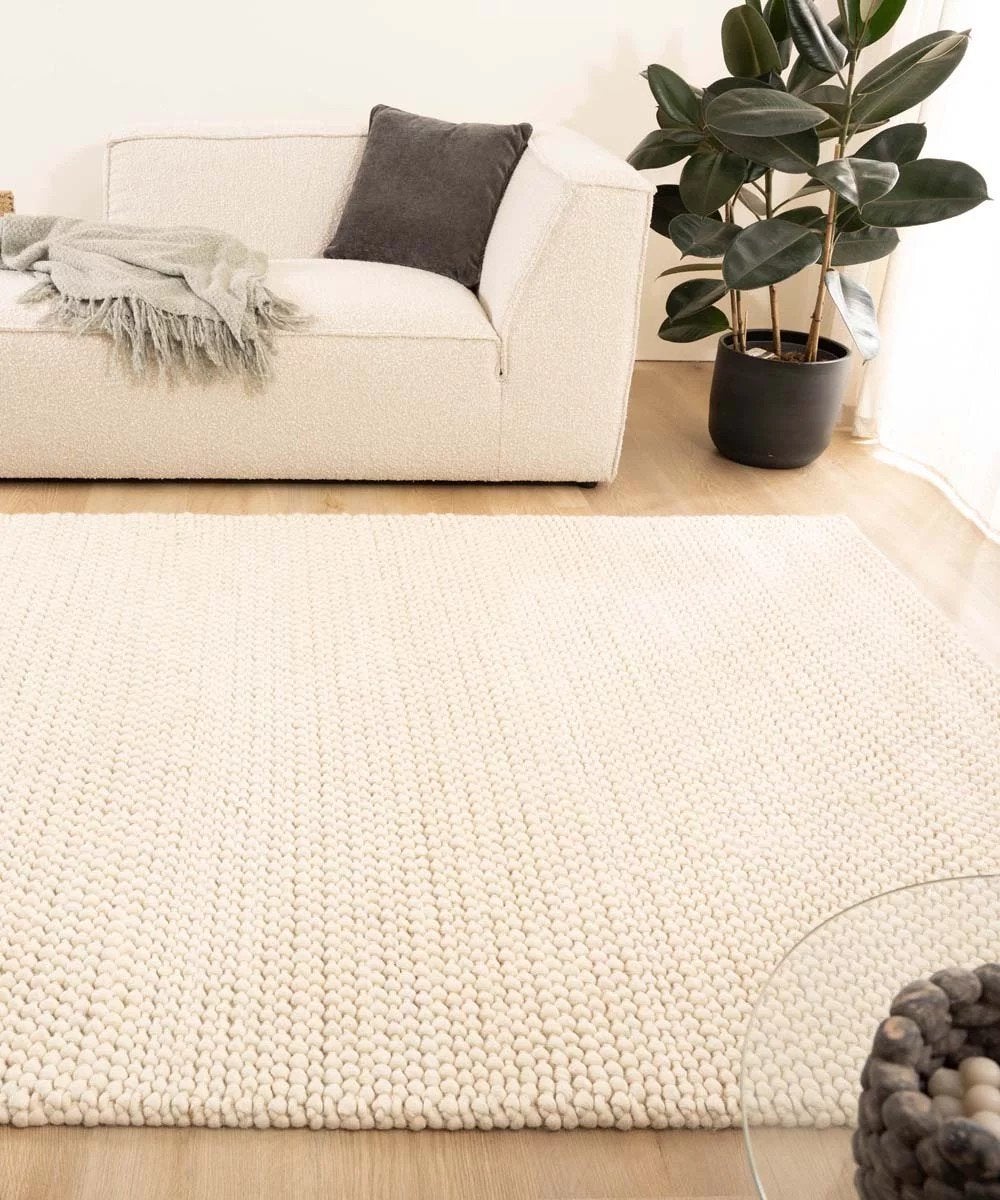 Handgeweven wollen bolletjes vloerkleed Løkke 200x300cm, Ophalen, Wit, Modern, Scandinavisch, Handgeweven, 200 cm of meer