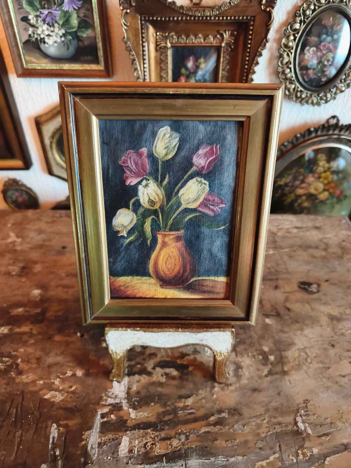 Olieverf schilderijtje olieverfschilderijtje bloemen T18, Antiek en Kunst, Curiosa en Brocante, Ophalen of Verzenden
