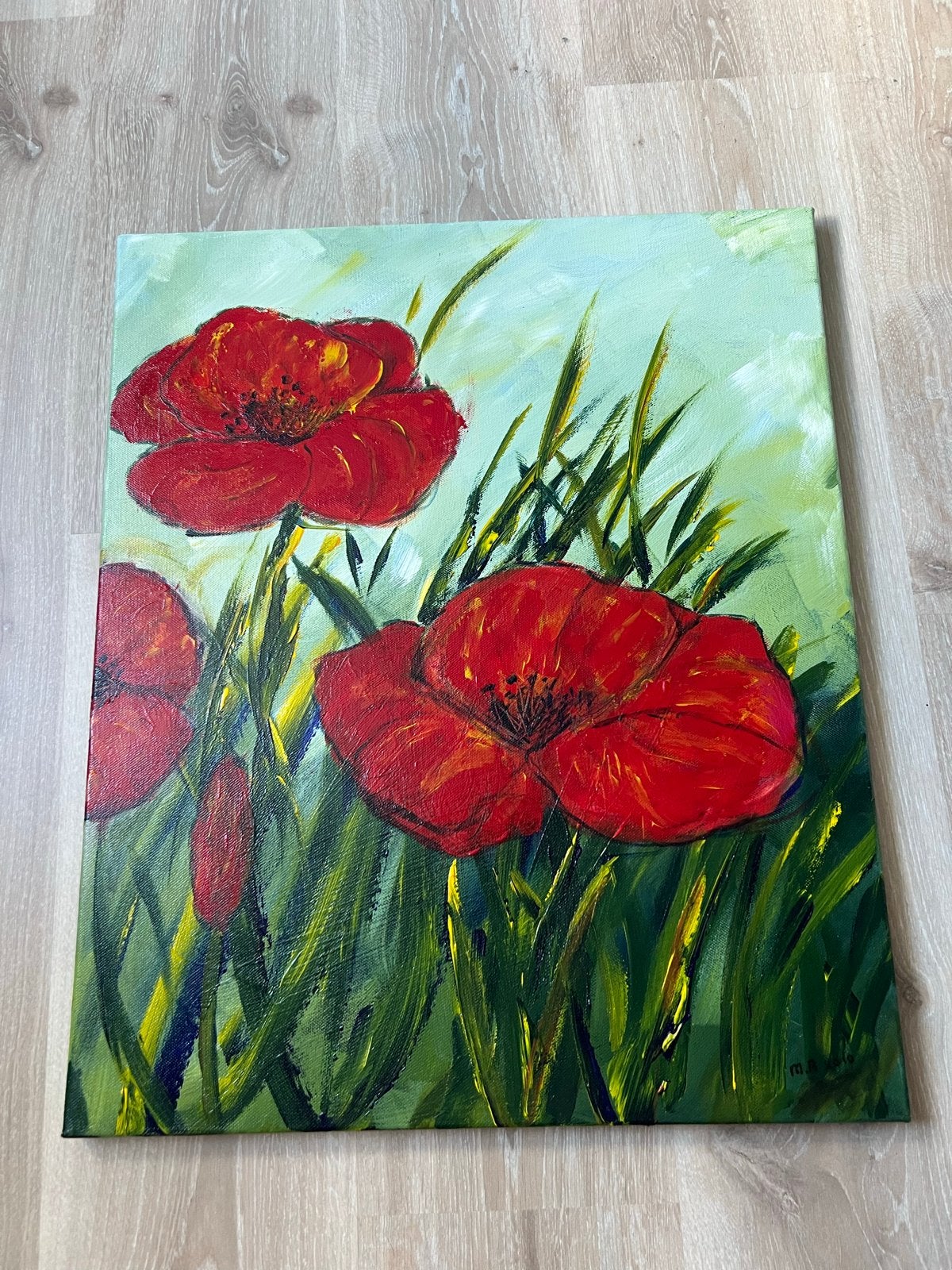 Schilderij: Klaprozen in het veld, gesigneerd, Antiek en Kunst, Kunst | Schilderijen | Klassiek, Bloemen, Acrylverf, Doek, Realistisch