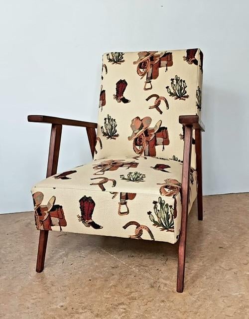 Vintage fauteuil, jaren 50/60, met cowboy stof, Ophalen, Minder dan 75 cm, Zo goed als nieuw, Stof