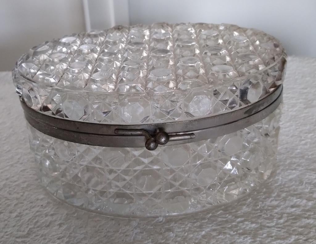 Glazen ovalen doos met messing rand, Antiek en Kunst, Ophalen of Verzenden