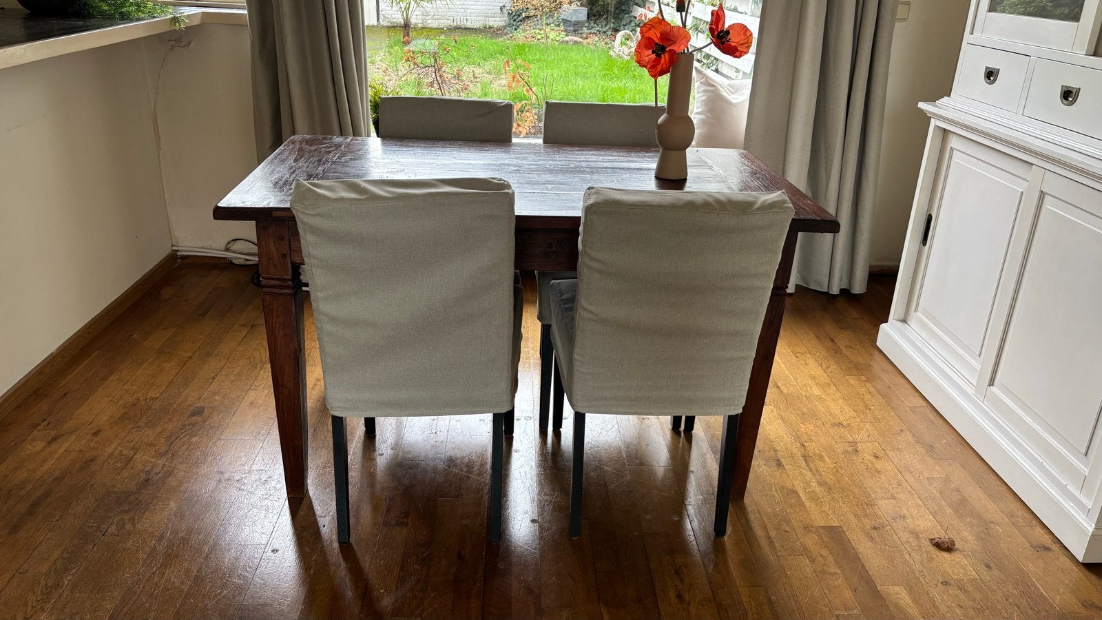 Massief houten eettafel met 4 stoelen, Ophalen, Gebruikt, 50 tot 100 cm, 150 tot 200 cm