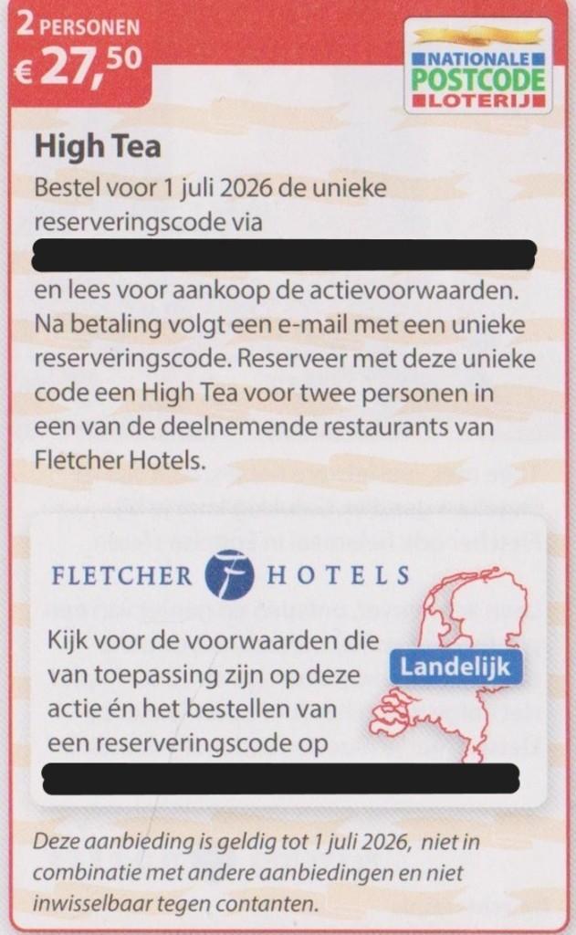 High Tea Fletcher 2 personen. € 27,50. Postcodeloterij bon., Tickets en Kaartjes, Kortingen en Cadeaubonnen, Twee personen, Kortingsbon