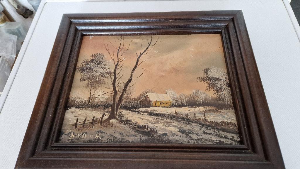 2 klassieke schilderijtjes winter landschap gesigneerd, Ophalen of Verzenden
