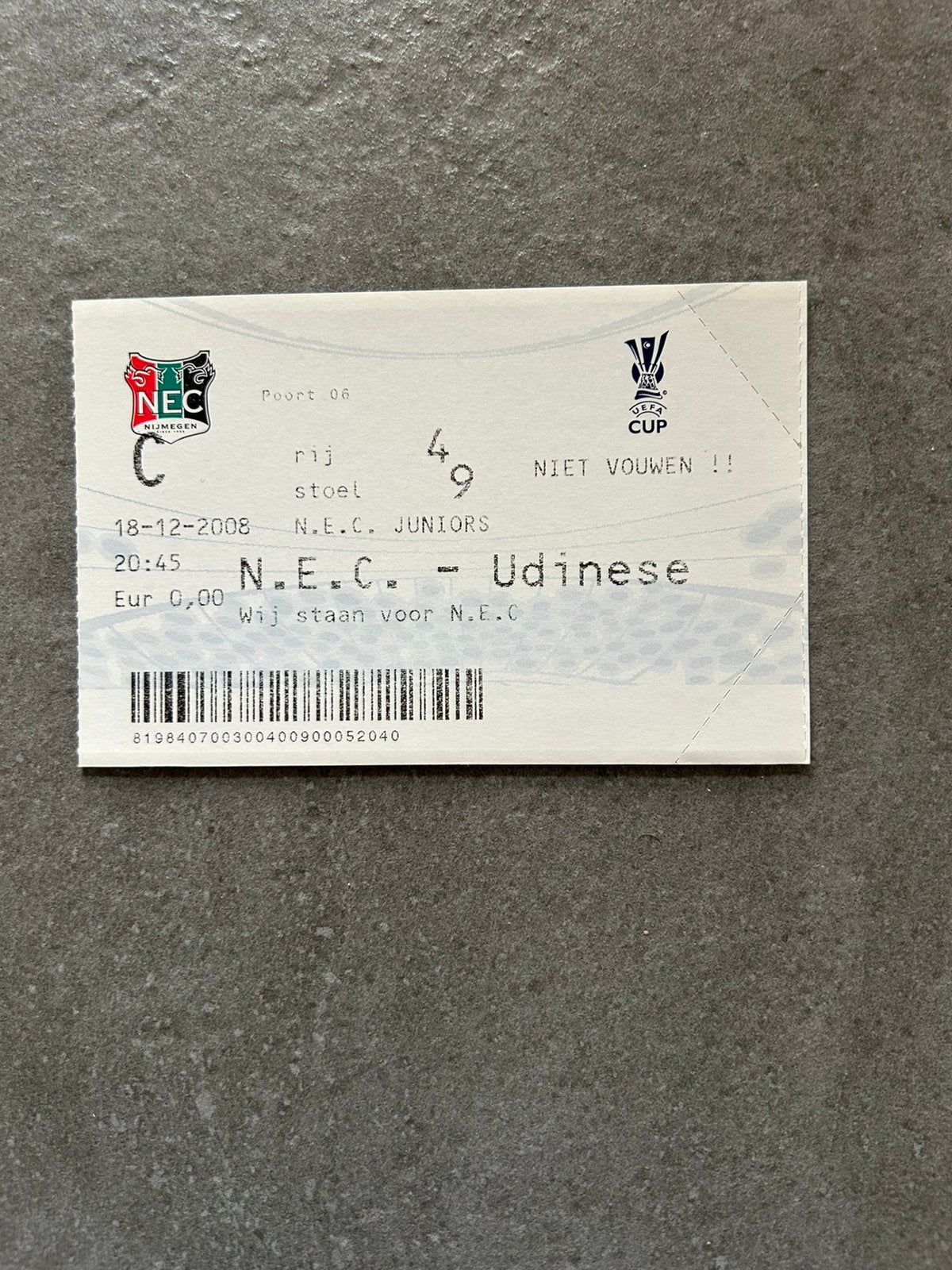 NEC - Udinese ticket, Ophalen of Verzenden, Overige binnenlandse clubs, Overige typen