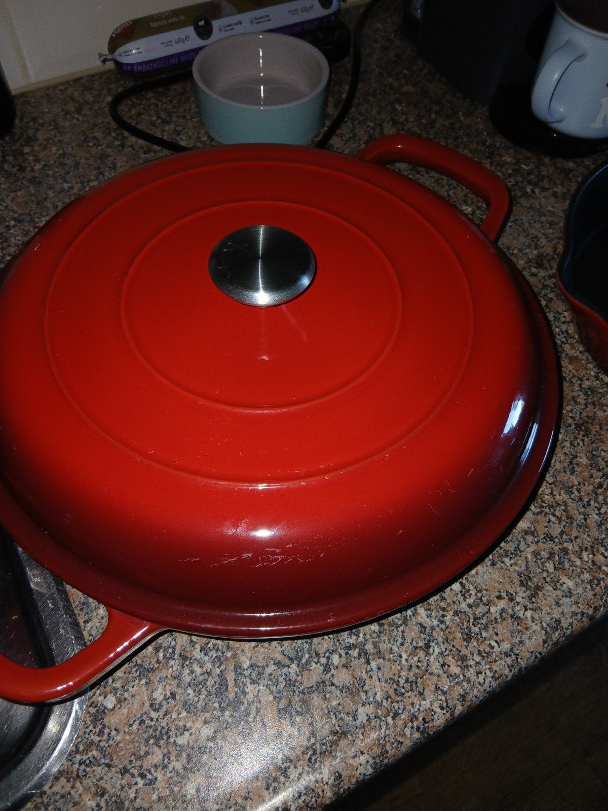 Zo goed als nieuwe gietijzeren braadpan 28 cm, Ophalen, Zo goed als nieuw, Met deksel, Braadpan