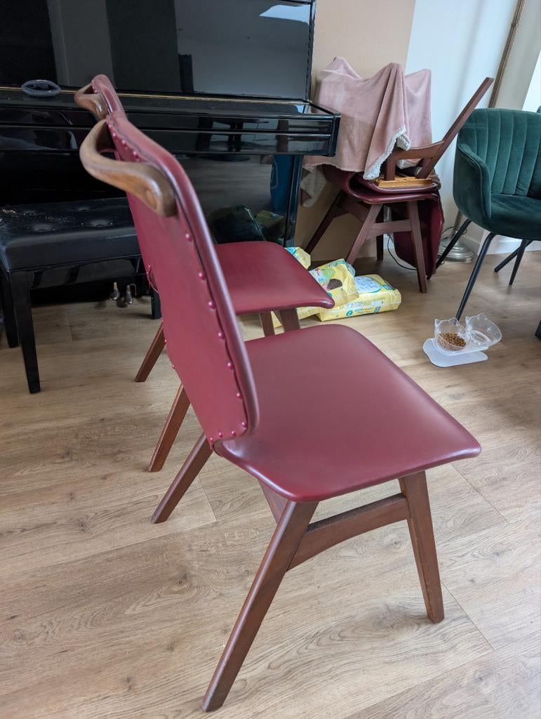 Set van 4 Retro Mid-Century Stoelen - Bordeauxrood Kunstleer, Ophalen of Verzenden