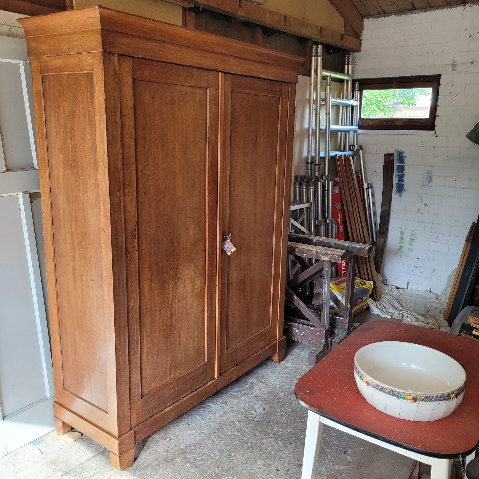 Brocante vintage oude eiken kast hang/legkast kledingkast, Ophalen