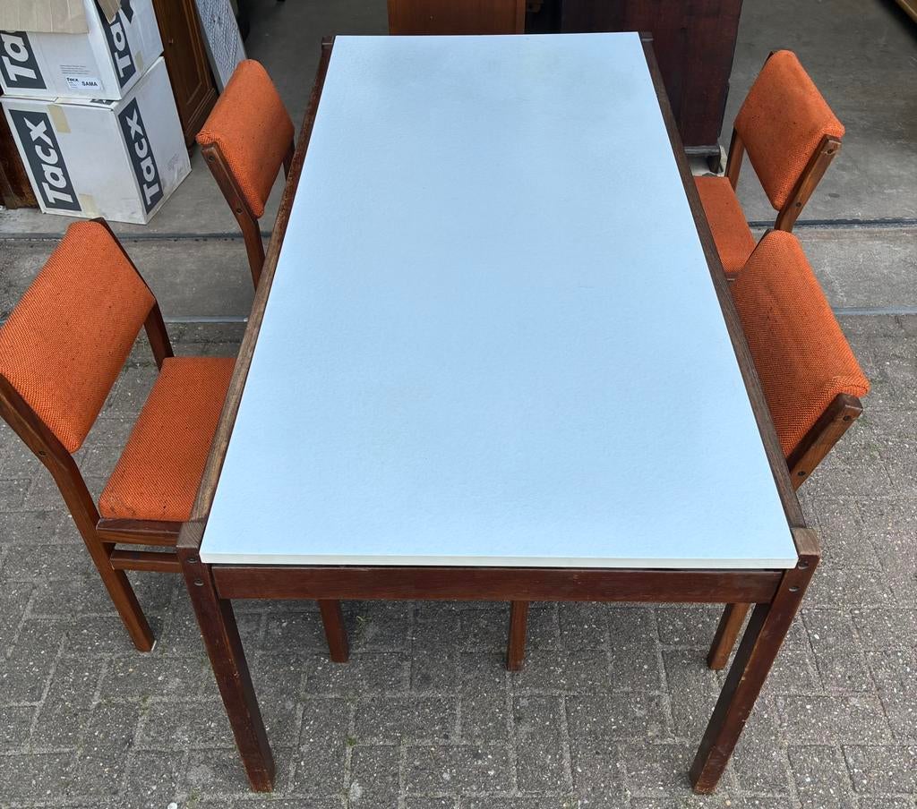 Vintage jaren70 eettafel met 4 stoeln, Ophalen, Gebruikt, 50 tot 100 cm, Mid-century