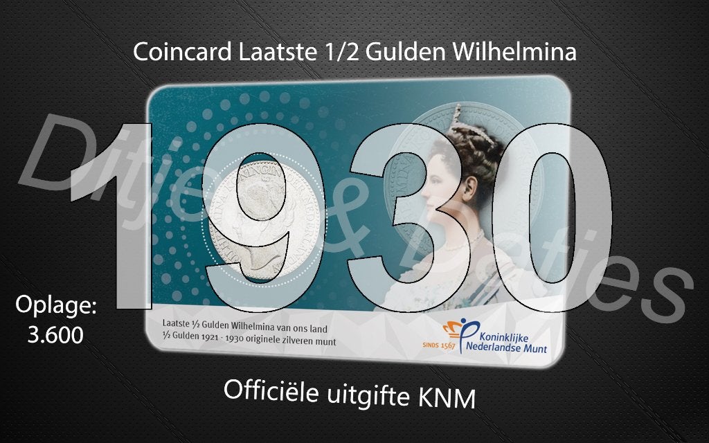 Laatste halve gulden Wilhelmina in coincard KNM 1930, Ophalen of Verzenden, Koningin Wilhelmina, ½ gulden, Zilver