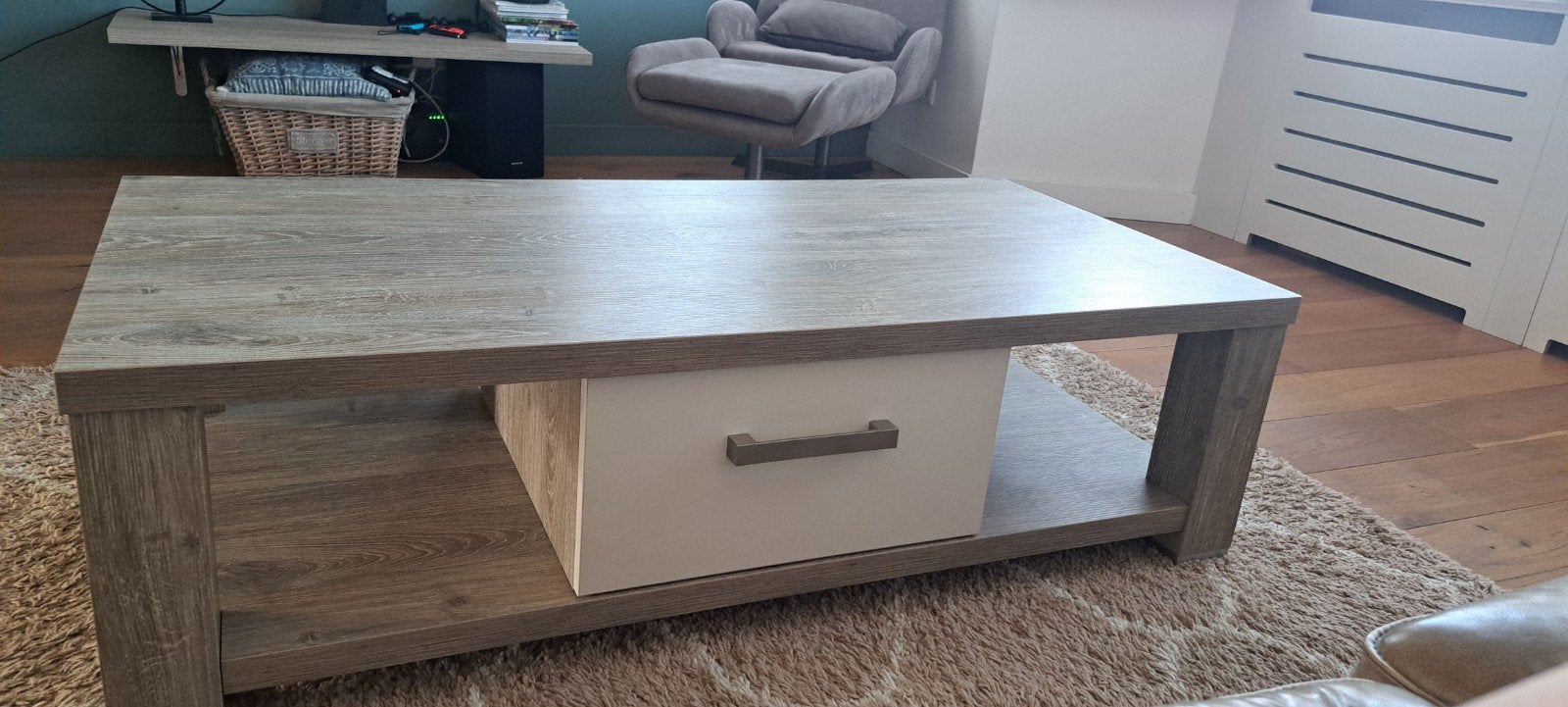 Salontafel met lade - grijs houtlook, Ophalen, Gebruikt, 100 tot 150 cm, 50 tot 100 cm
