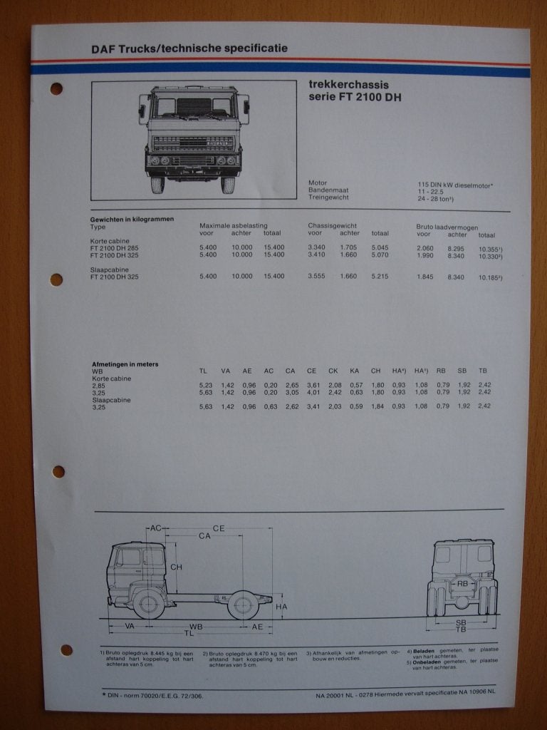DAF FT 2100 DH Technische Specificatie folder 1978 – 4x2, Ophalen of Verzenden, Zo goed als nieuw, Overige merken, DAF