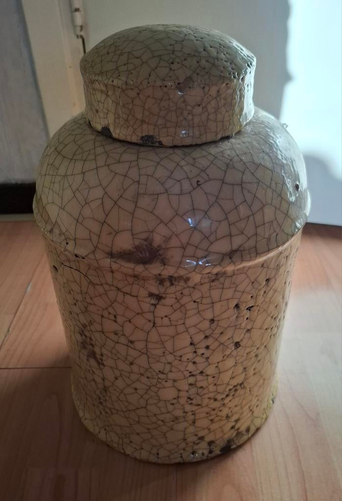 Zware pot met geel craquelé glazuur 35 cm, Ophalen of Verzenden, Zo goed als nieuw, Geel