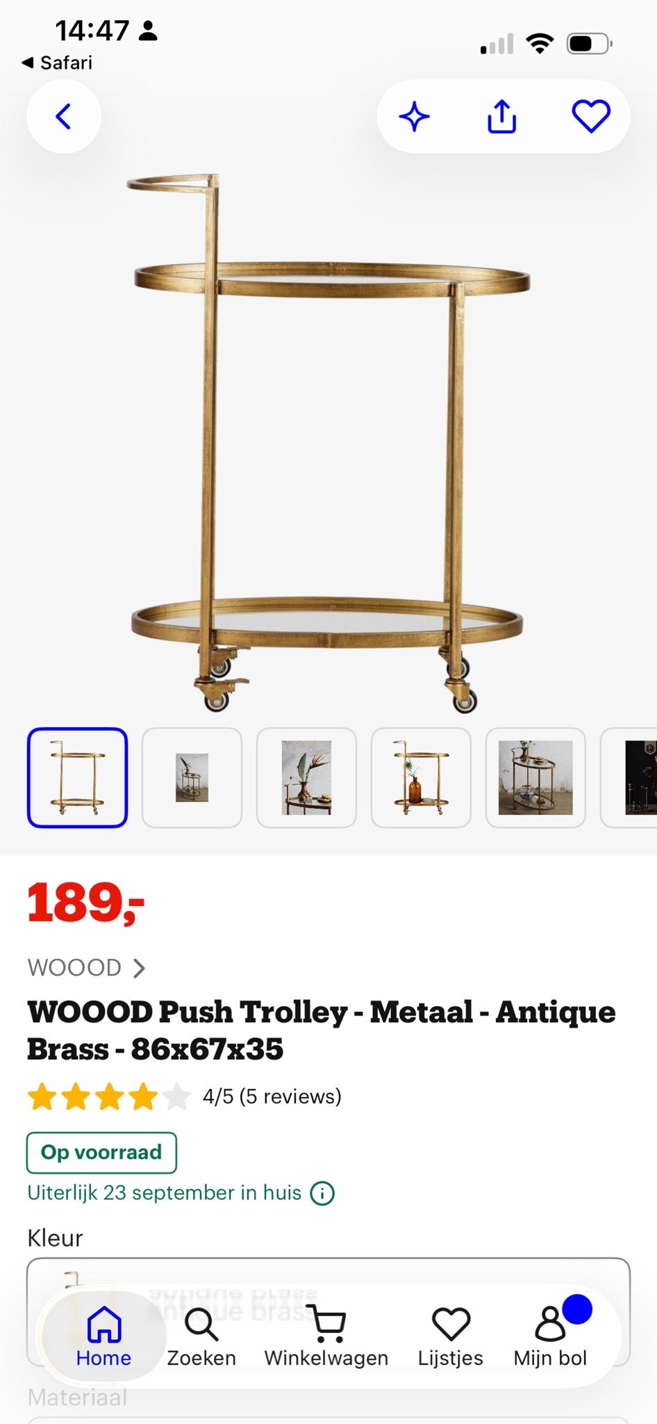 WOOOD Push Trolley - Metaal - Antiek Messing - 86x67x35, Huis en Inrichting, Ophalen, Zo goed als nieuw, Goud, Metaal