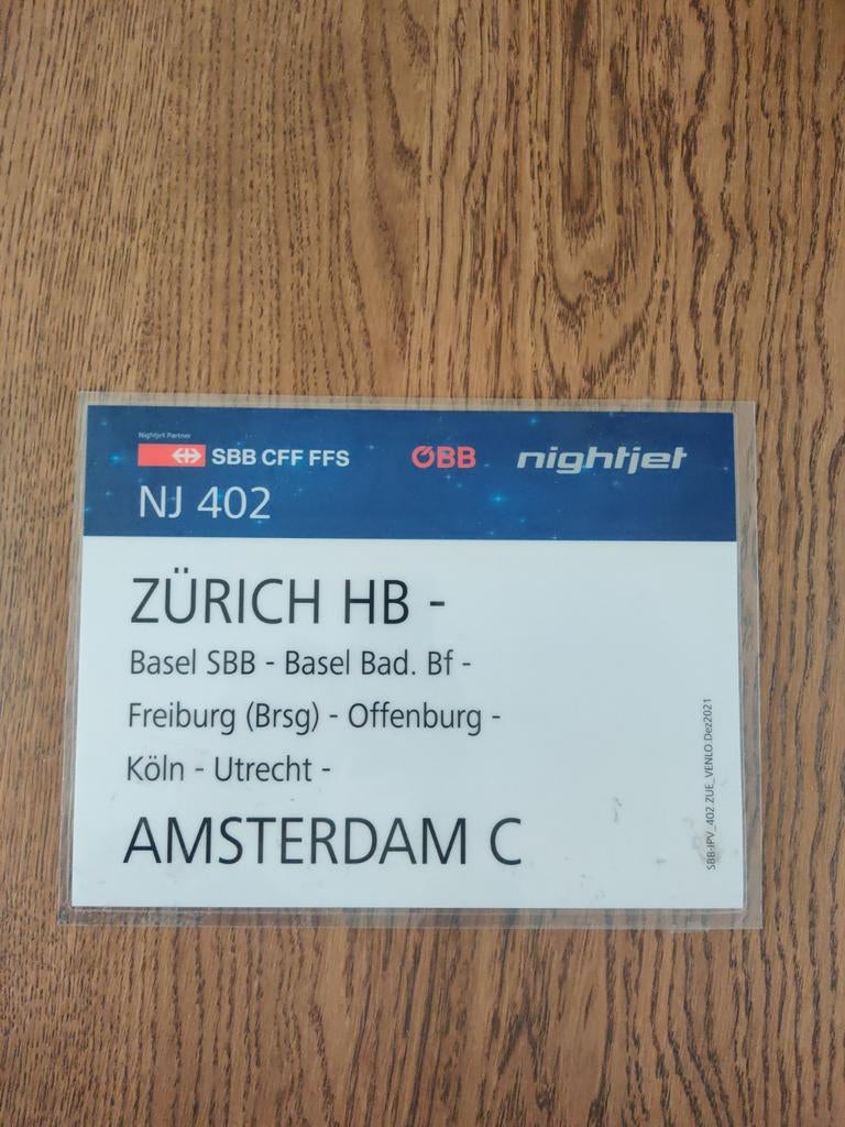 Nightjet 402 Zürich - Amsterdam C Koersbord, Verzamelen, Spoorwegen en Tramwegen, Ophalen of Verzenden, Gebruikt, Trein, Overige typen
