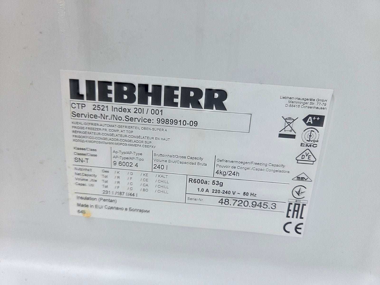 Liebherr CTP 2521 Comfort A++ dubbeldeurs koelkast, Ophalen of Verzenden, Zo goed als nieuw, Energieklasse A of zuiniger, 140 tot 160 cm