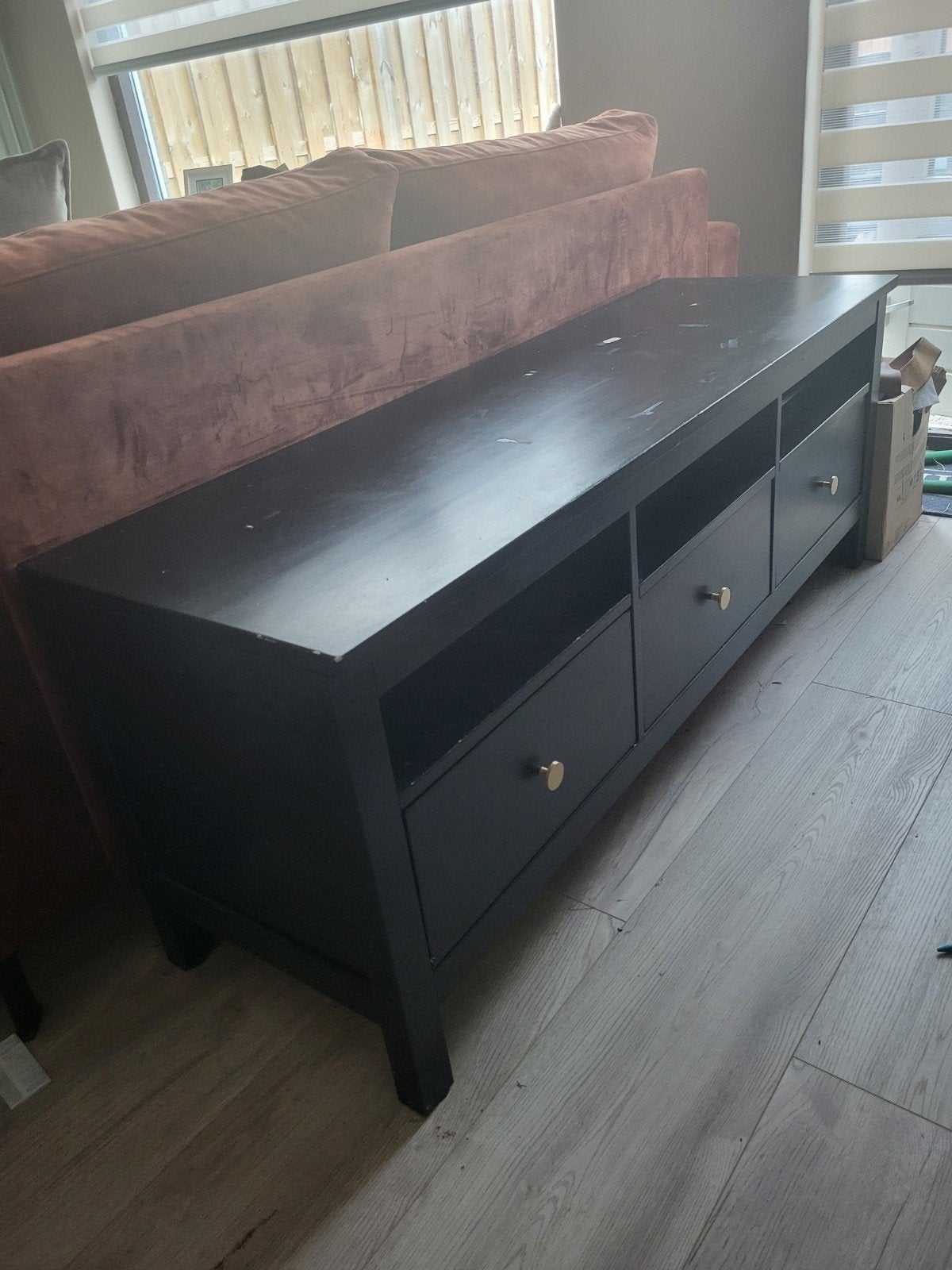 Zwart houten tv meubel met ruime lades, Ophalen, Gebruikt, 100 tot 150 cm, Minder dan 100 cm