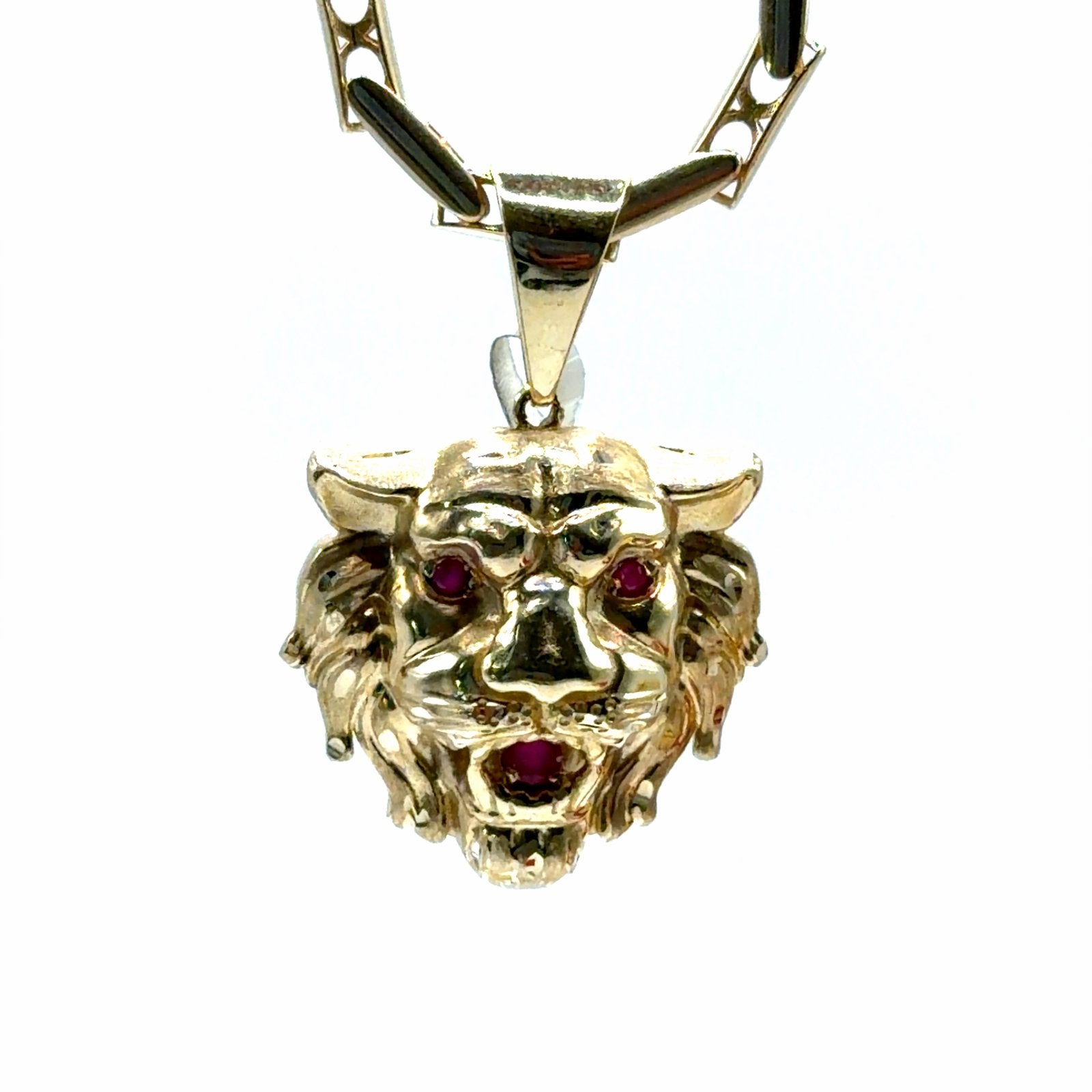 Gouden Leeuwenkop Hanger 14K met Robijnen Ogen