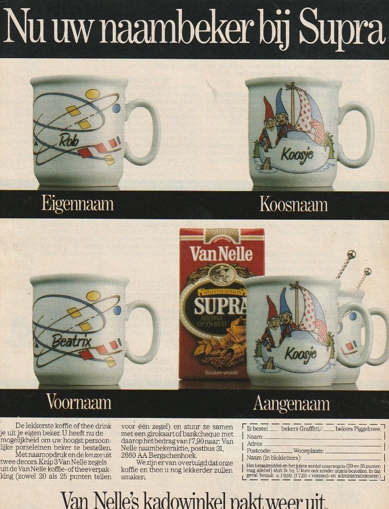 Retro reclame 1985 Van Nelle koffie beker mokken Koosje, Verzenden, Overige typen