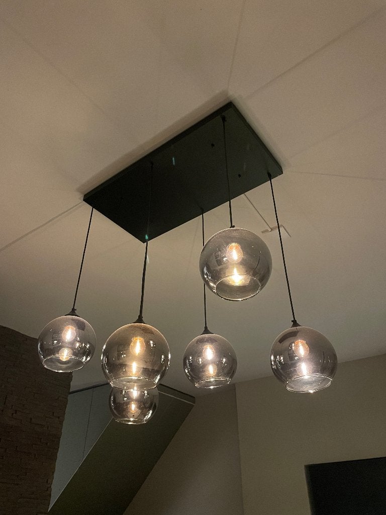 Rookglas bollen hanglamp, Ophalen, Zo goed als nieuw, Glas