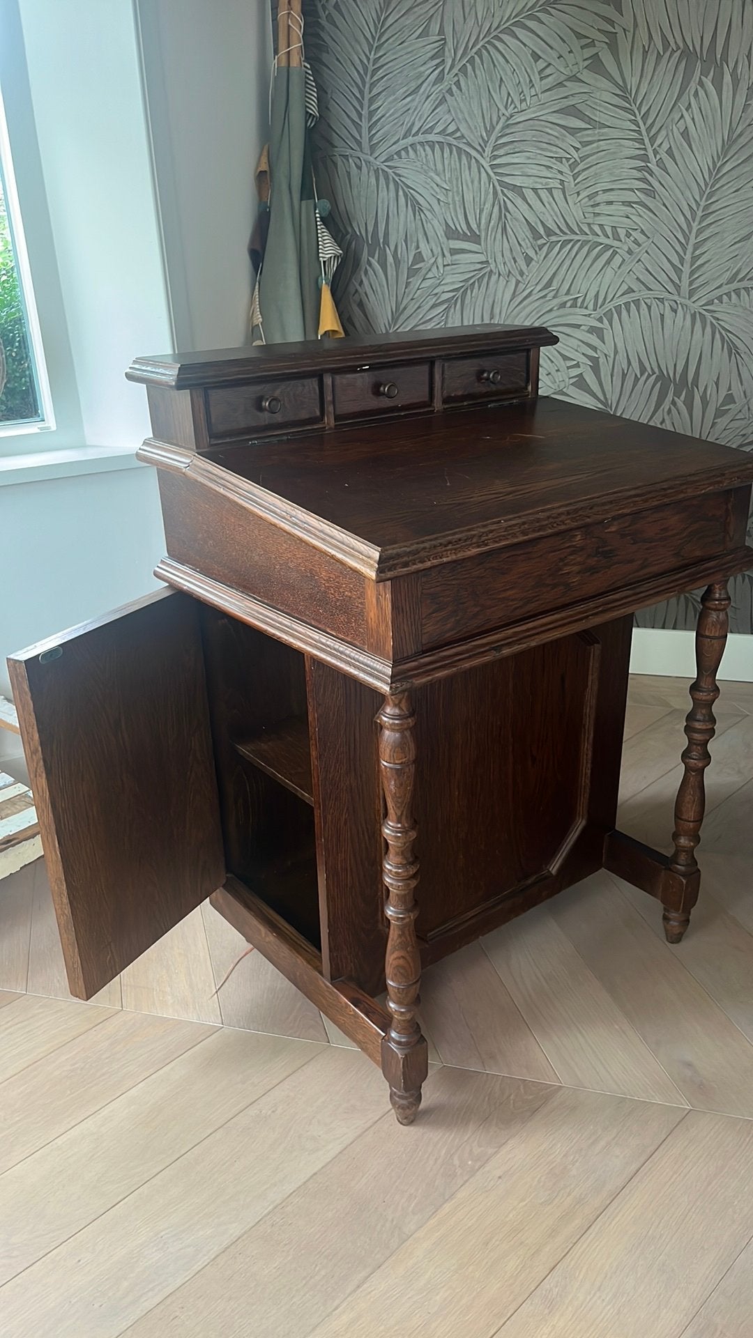 Vintage eiken schrijftafel/ klepbureau met laden en kastje, Antiek en Kunst, Ophalen