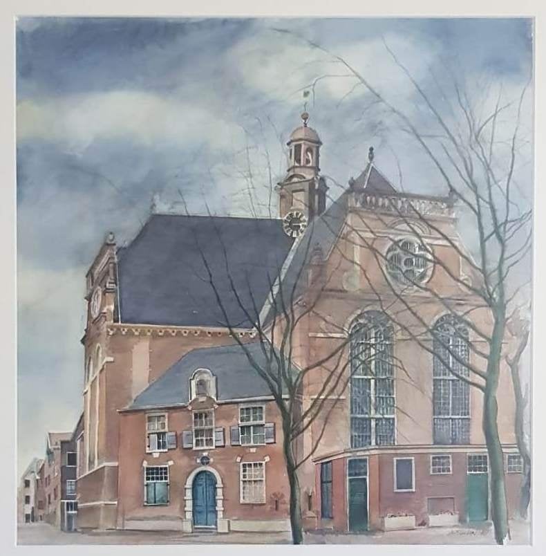 Jac Jessurun(1918)Gouache Aquarel"Kerk te Amsterdam" Ges Ged, Antiek en Kunst, Kunst | Schilderijen | Klassiek, Nederlandse school