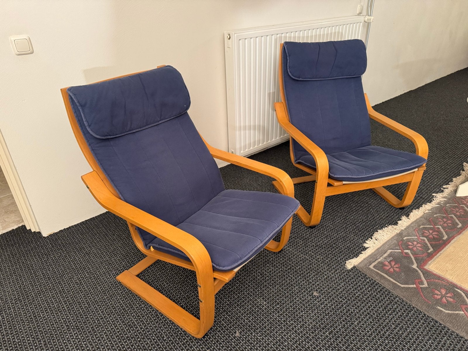2x Ikea Poang fauteuil met blauwe kussens, Ophalen, Gebruikt, Twee, Blauw
