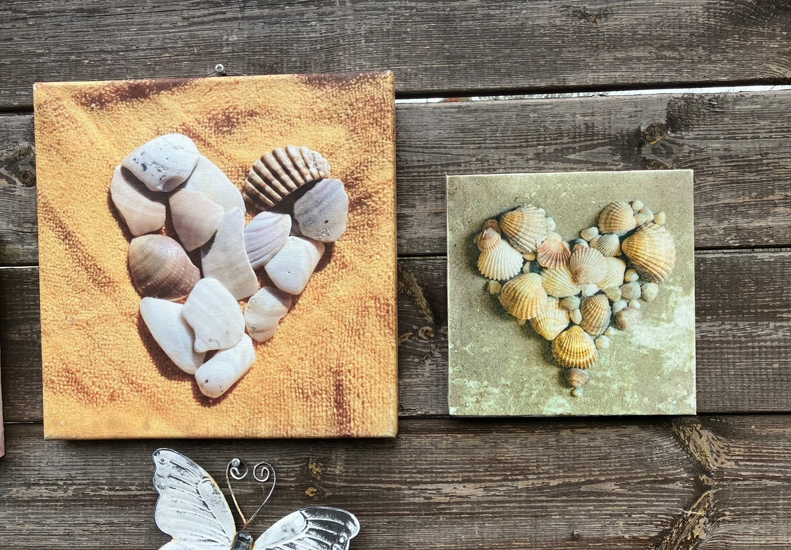 Canvas doeken met schelpen HARTEN Stranddecoratie, Tuin en Terras, Tuinwanddecoratie, Ophalen of Verzenden, Zo goed als nieuw