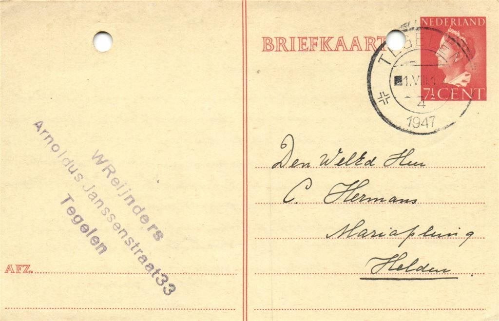 W. Reijnders, Tegelen - Steijl - 07.1947 - briefkaart - 1947, Ophalen of Verzenden, Briefkaart