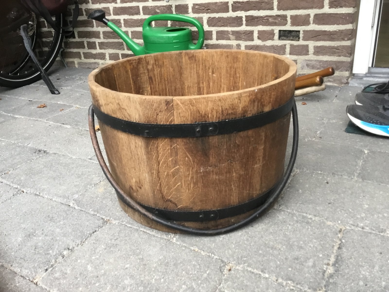Eikenhouten haardhoutemmer - Ø45 H30 cm, Hout, Gebruikt, Ophalen of Verzenden, Landelijk