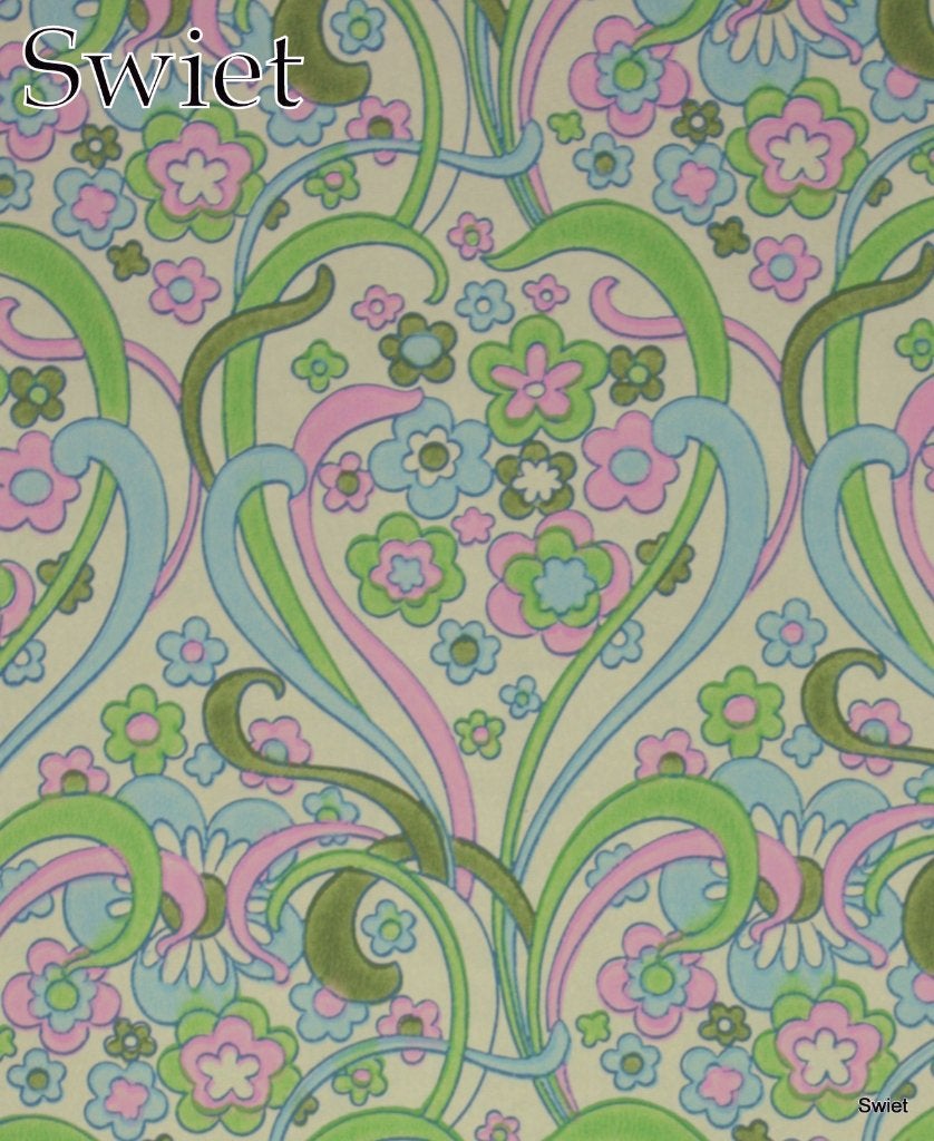   6556 vrolijk retro vintage wallpaper aqua groen roze blauw, Verzenden, Roze