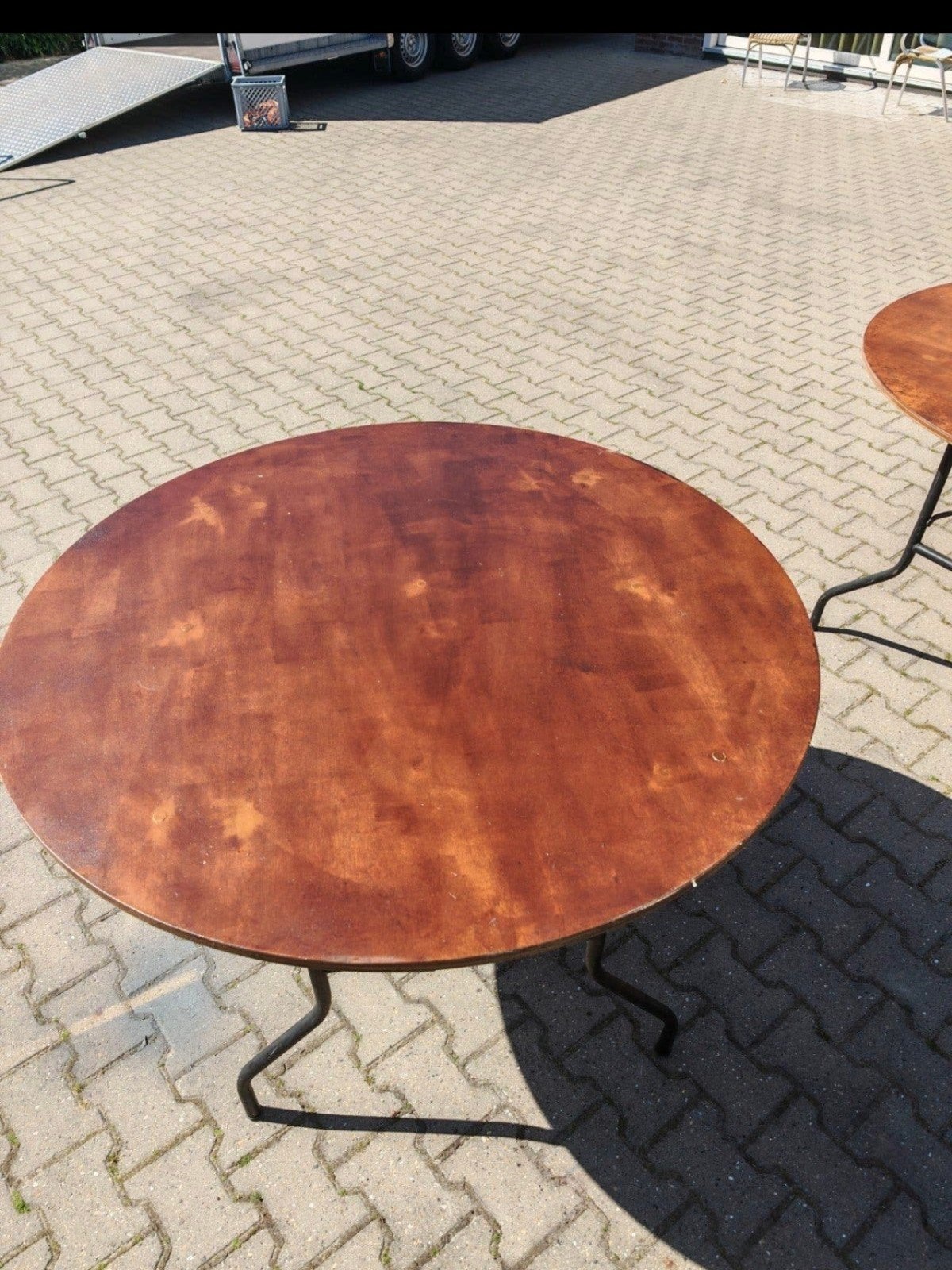 Terrastafels - Rond, Hout met Metalen Onderstel, Tuin en Terras, Ophalen, Gebruikt, Onbekend, Onbekend