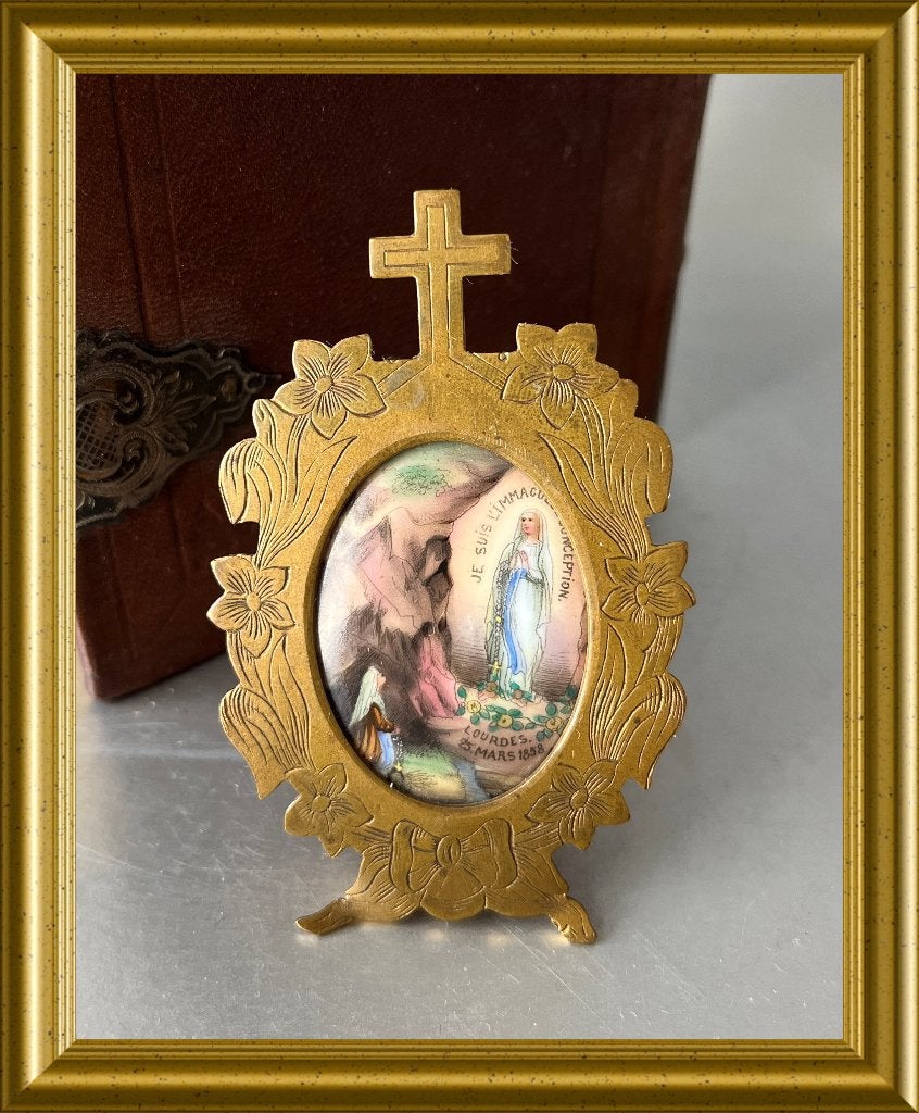 Antiek religie lijstje/ altaartje porseleinen Maria, Lourdes, Ophalen of Verzenden