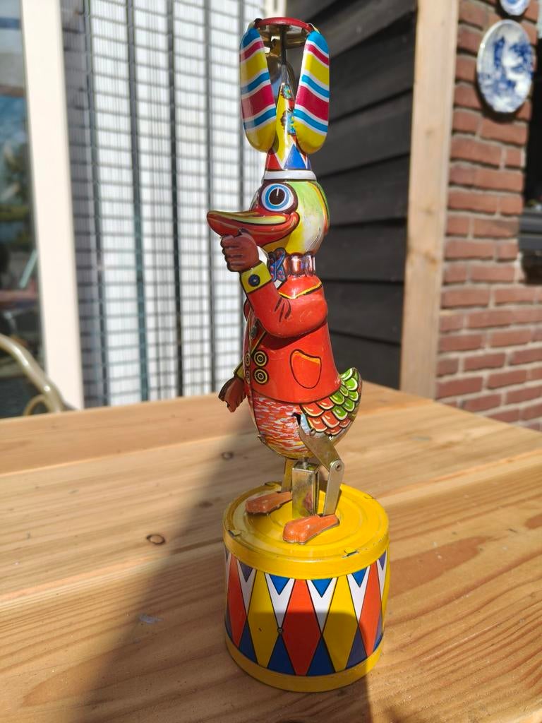 Vintage blikken eend op trommel - Opwindbaar speelgoed, Antiek en Kunst, Ophalen of Verzenden