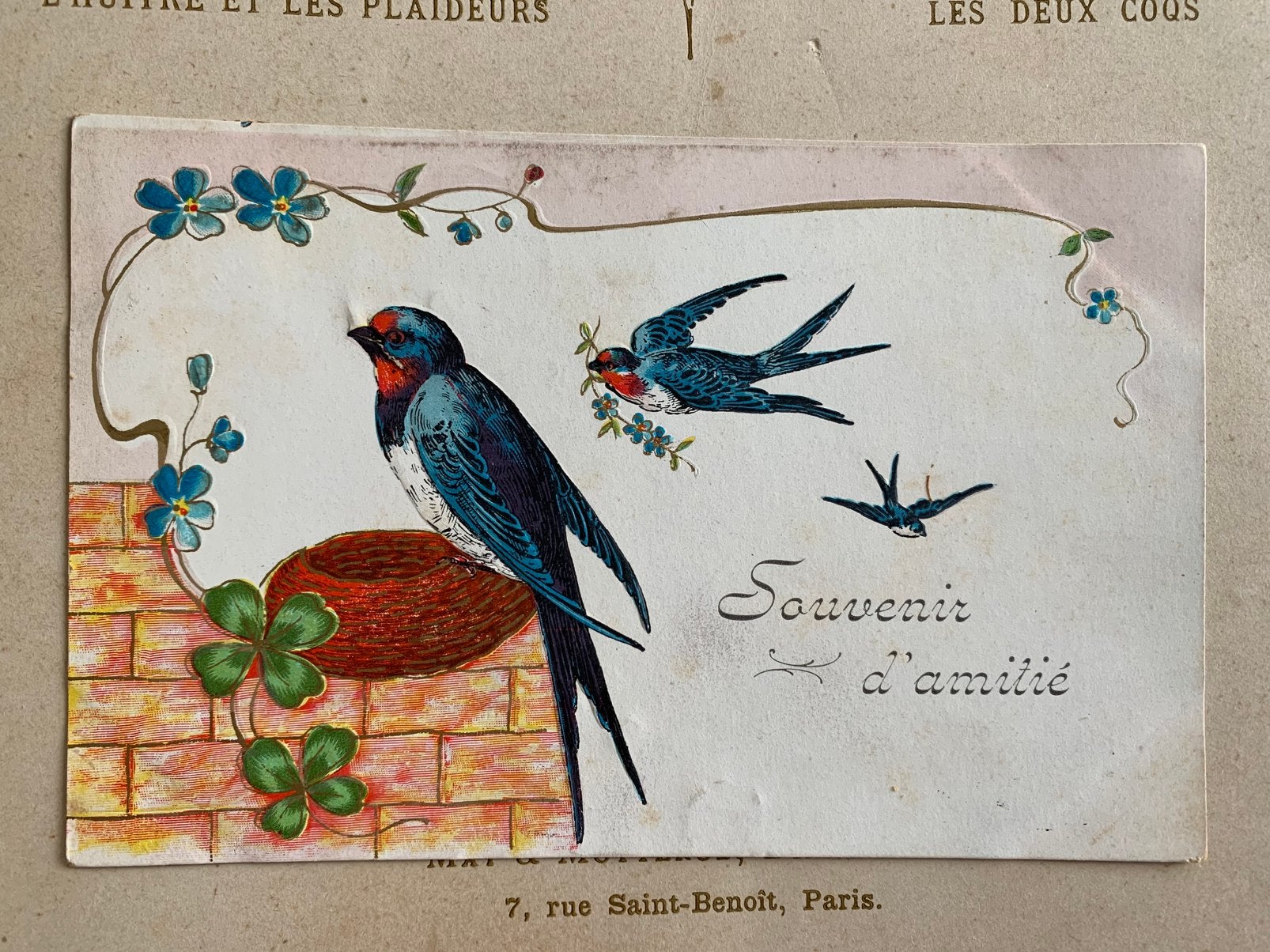 1906 Souvenir d’Amitié - klaver 4, zwaluw (HE), Verzamelen, Ophalen of Verzenden, Voor 1920, Gelopen, Overige thema's