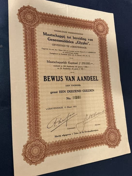 Oud aandeel NV Maatschappij tot bereiding van Geneesmiddelen, Postzegels en Munten, Aandelen en Waardepapieren, Verzenden, 1920 tot 1950