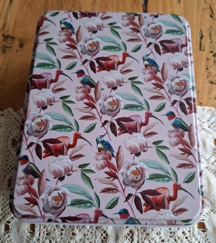 Prachtig decoratief roze blik, pioenrozen en vogels, Verzamelen, Ophalen of Verzenden, Zo goed als nieuw, Overige, Overige merken