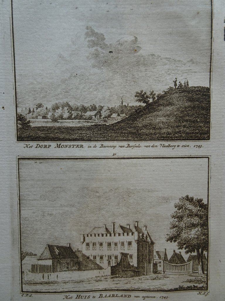 gravure dorp Monster vliedberg, huis Baarland Zeeland 1745, Antiek en Kunst, Verzenden, Stadsgezicht, Gravure, Origineel