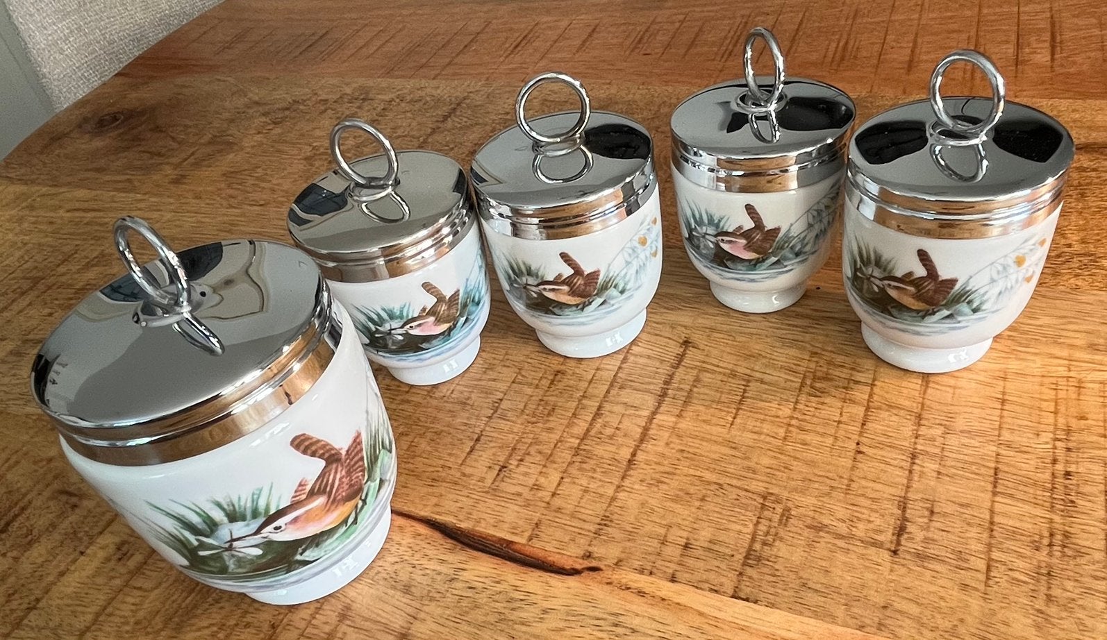 Egg coddlers 1 grote en 4 kleine Royal Worcester vogelmotief, Antiek en Kunst, Ophalen of Verzenden