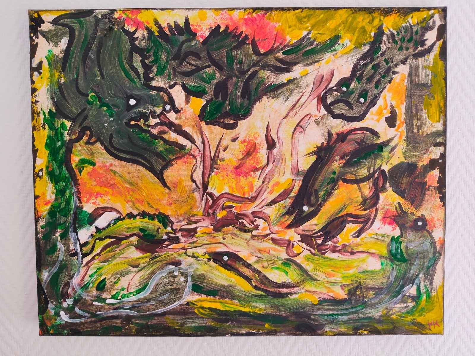 Gohnies op doek - Abstracte wezens in levendige kleuren, Acrylverf, Overig onderwerp, Handgeschilderd, Ophalen of Verzenden