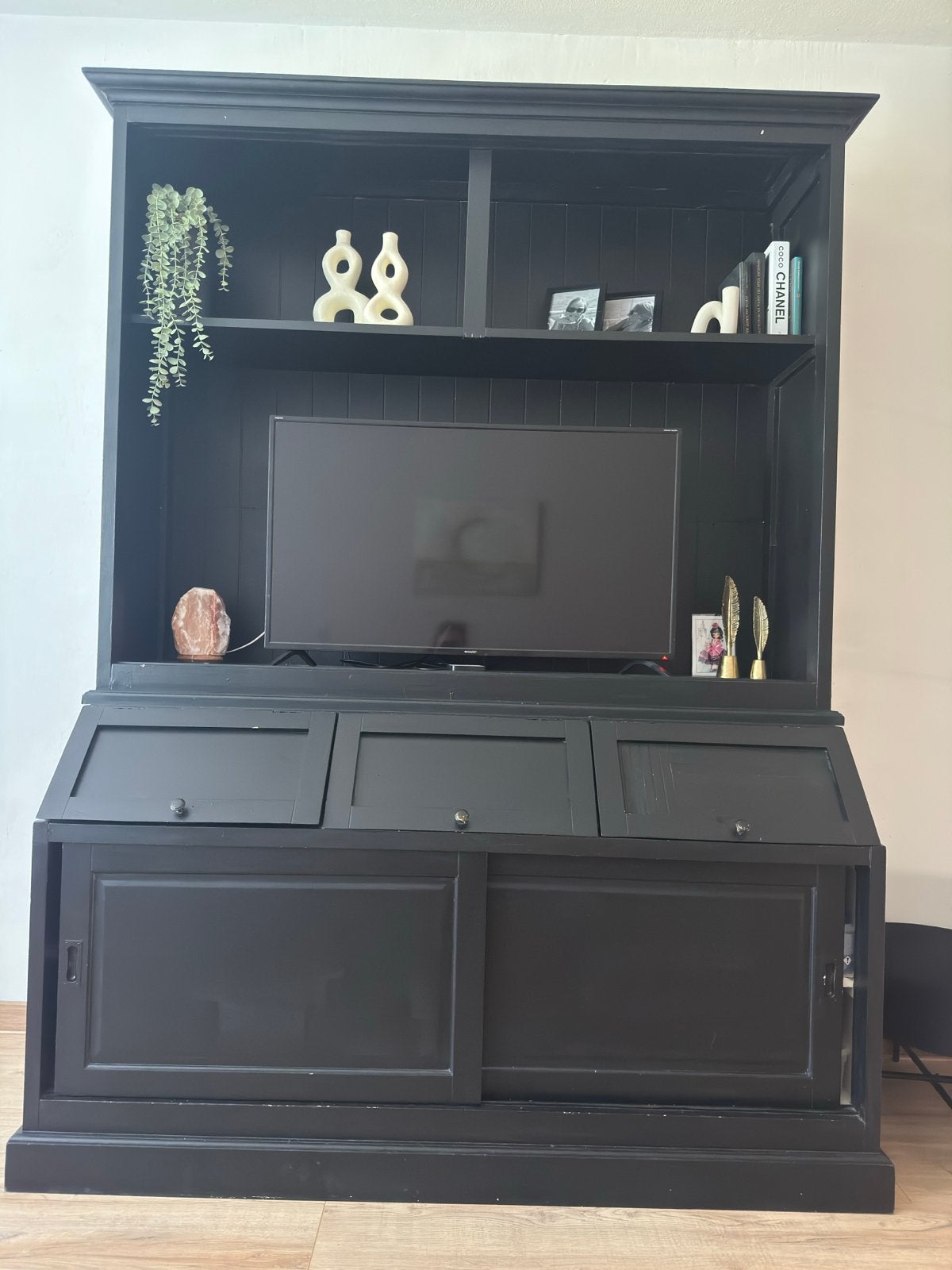 Zwart TV-meubel met opbergruimte en vitrinekast, Ophalen, Gebruikt, 200 cm of meer, 150 tot 200 cm