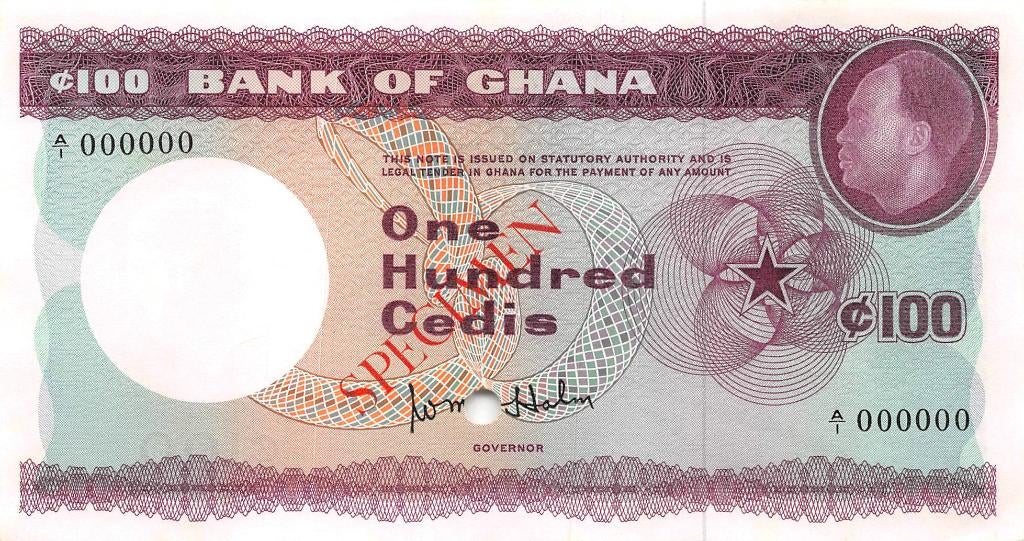 Ghana 100 Cedis 1965 Unc Specimen pn 9s.1, Ophalen of Verzenden, Overige landen, Los biljet