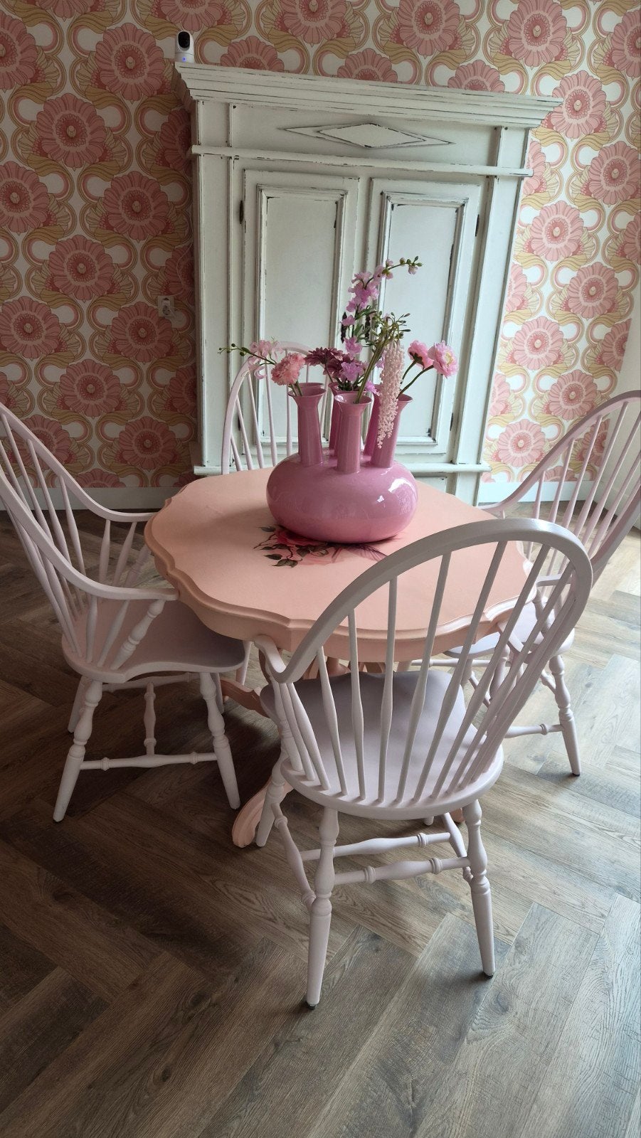 Set van 4 roze Windsor stoelen, Ophalen, Gebruikt, Overige kleuren, Vintage, Landelijk, Brocante