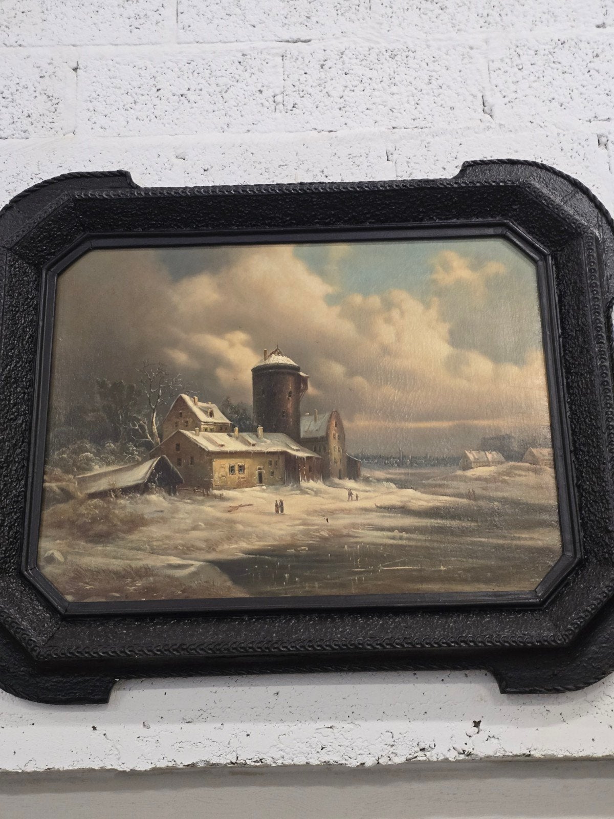 winterlandschap 19e eeuw  (ex veiling) olieverf op doek, Ophalen, Doek, Bijzondere lijst, Landschap