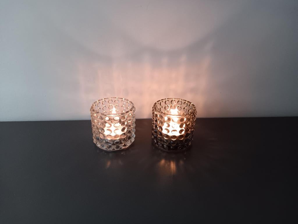 Set glazen waxinelichthouders bobbelglas, Overige materialen, Gebruikt, Ophalen of Verzenden, Kandelaar