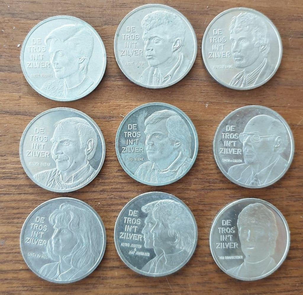 complete set van 9 Tros munten "in t zilver", Ophalen of Verzenden, Overige materialen