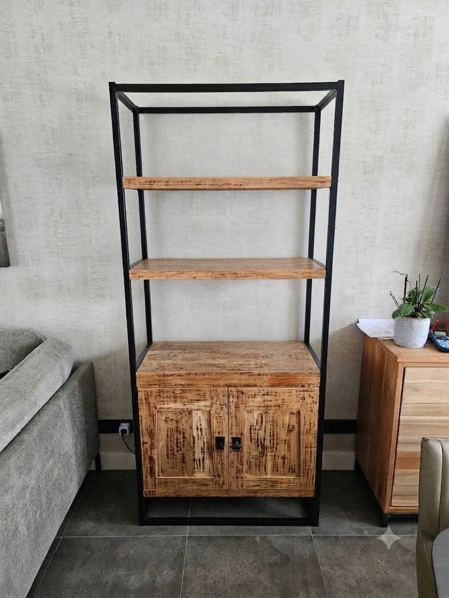 Industriële open kast met onderkast (Teakhout & metaal), Huis en Inrichting, Ophalen, Met deur(en), Teakhout, 50 tot 100 cm